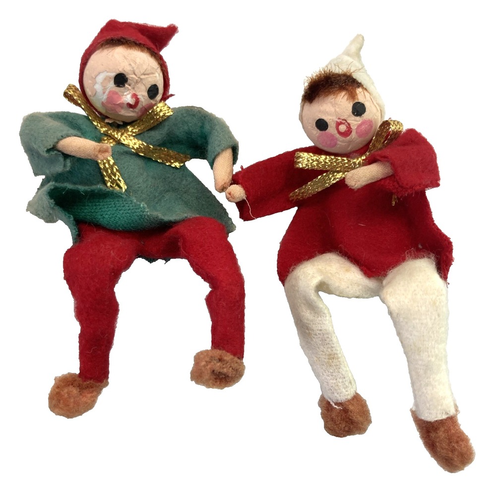 Vintage MCM Pair of Felt Chenille Pipe Cleaner Christmas Elves 5 inch Japan‎